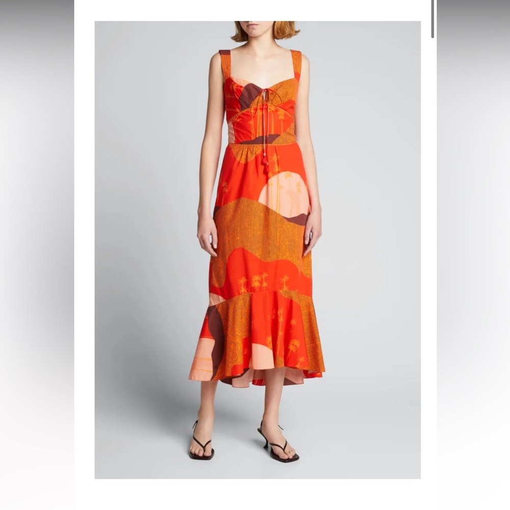 Johanna Ortiz Orange and Coral Printed Midi Dress